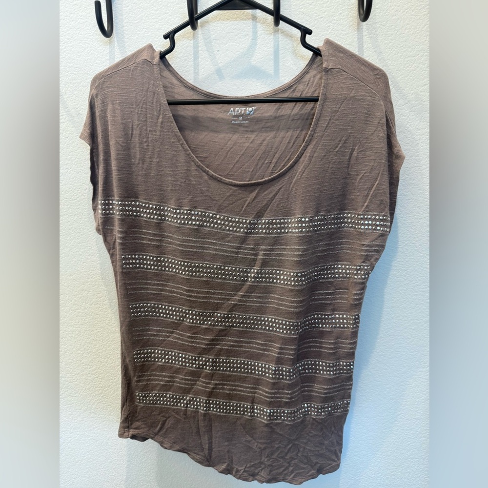 APT. 9 Brown Short Sleeve Studded Stripe Tee - Size M